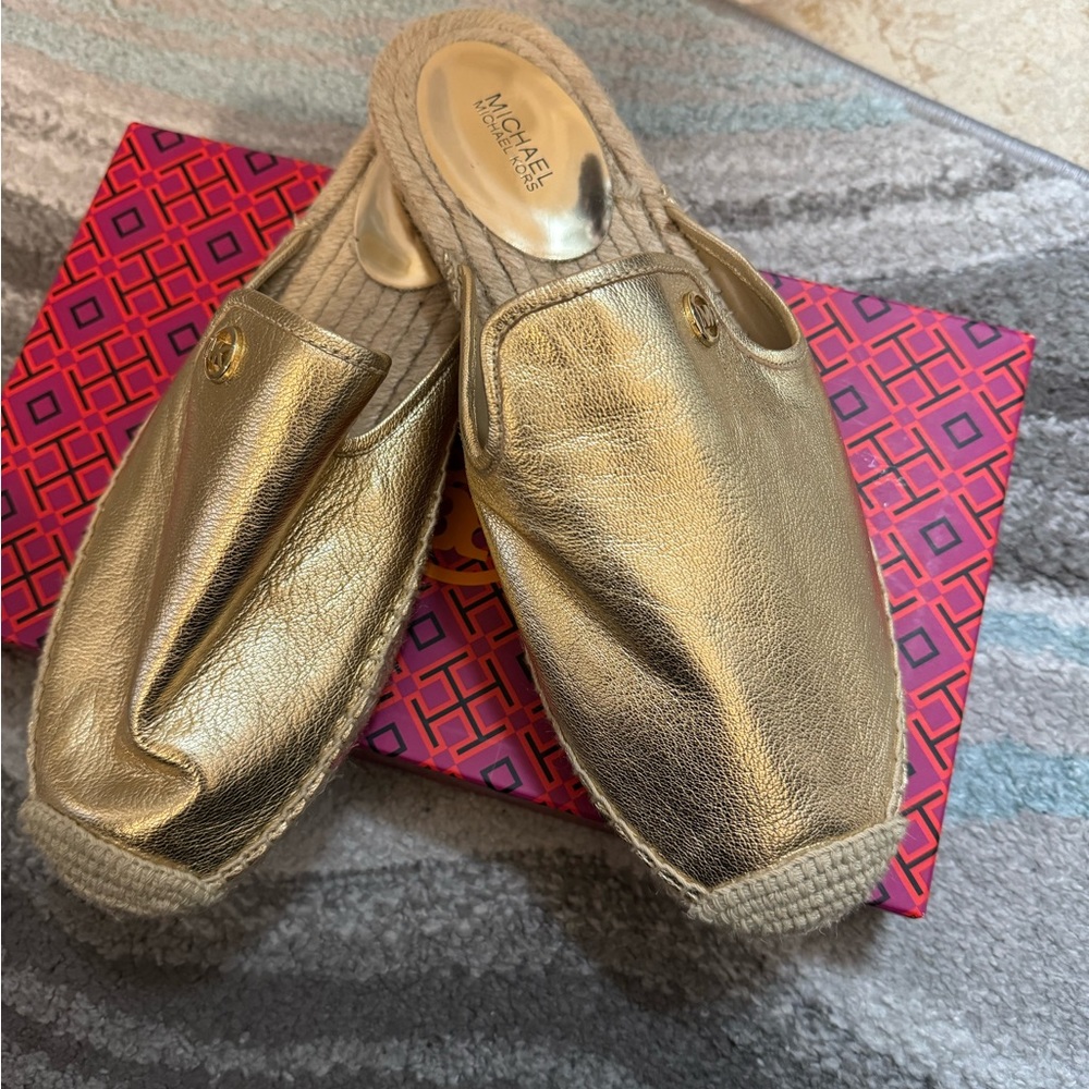 Michael Kors Gold Leather Espadrille Slip-On Mules